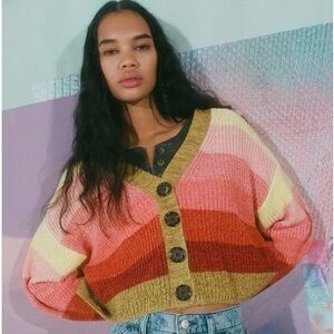 Urban Outfitters Cropped Striped Cardigan in Pink, Red, Yellow, Olive